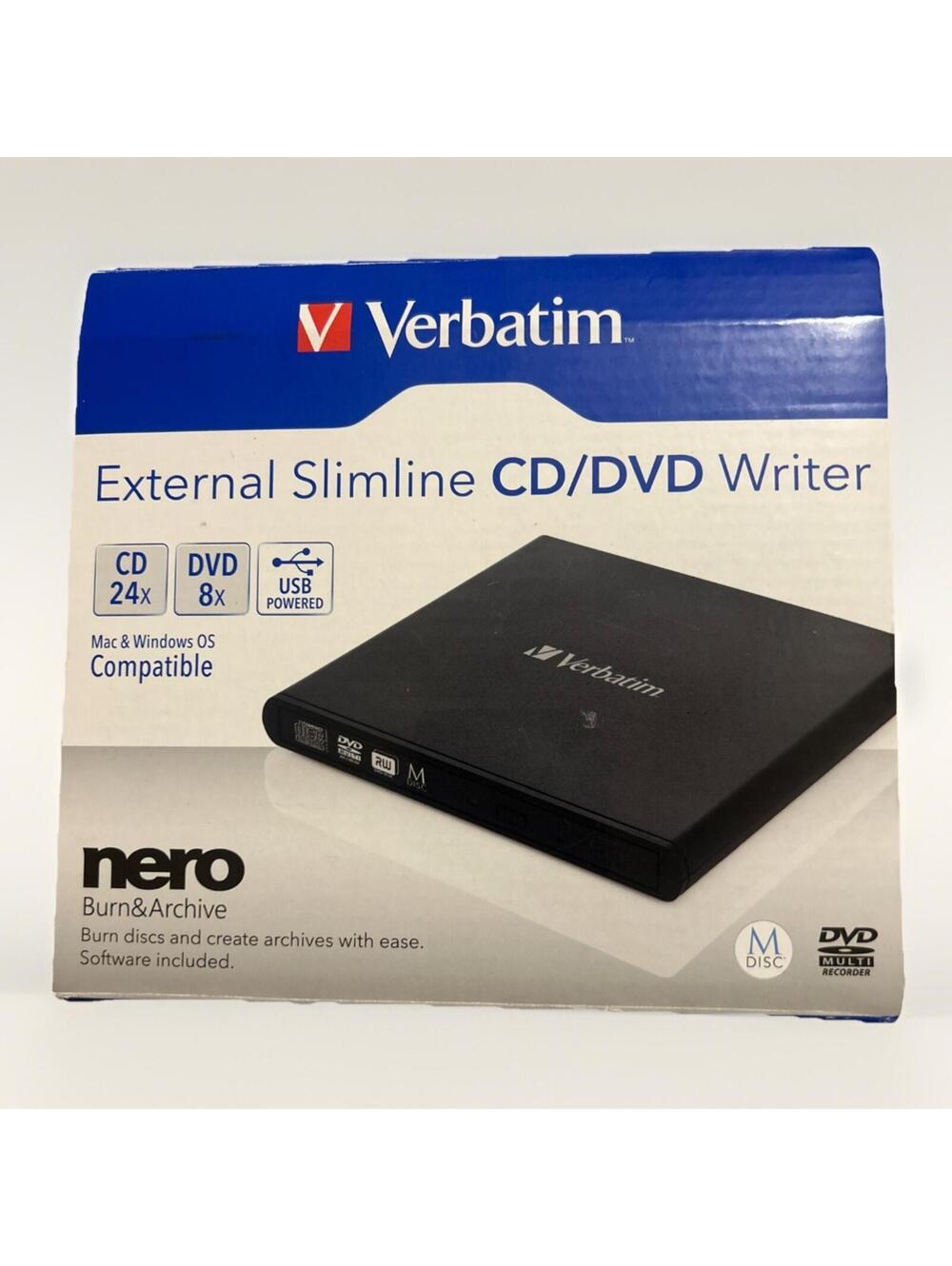 Verbatim External Slimline CD/DVD Writer 98938 Nero USB 2.0 Black CD, Box